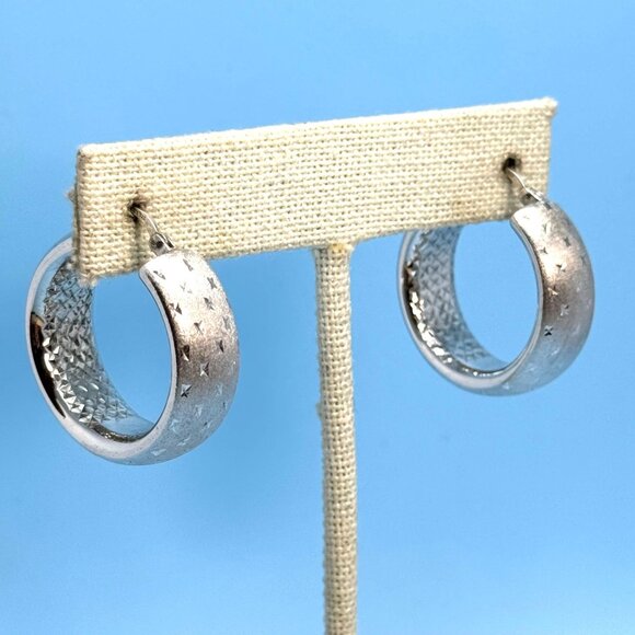 Sterling Silver 925 Textured Small Hoop Earrings Hinged Posts Size 1'' Diameter
